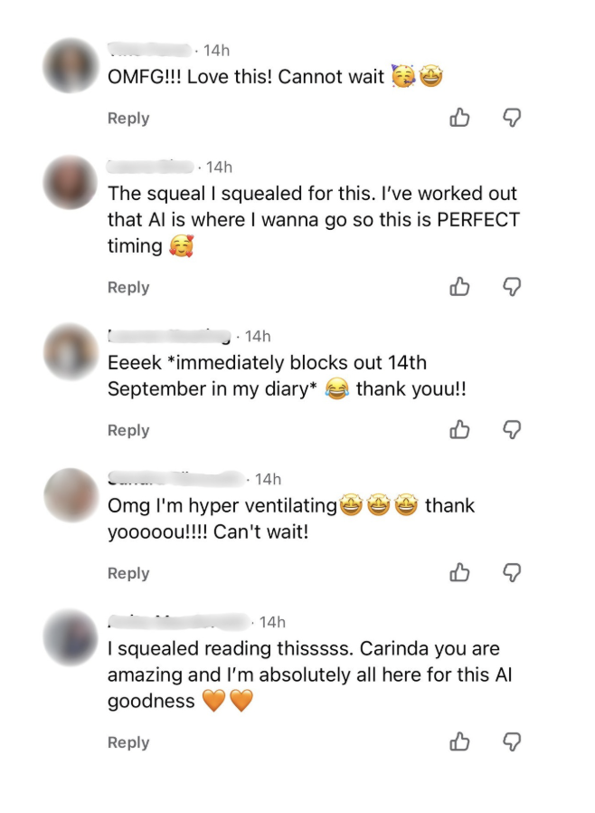 Instagram comments reacting to The Online Biz AI Advantage