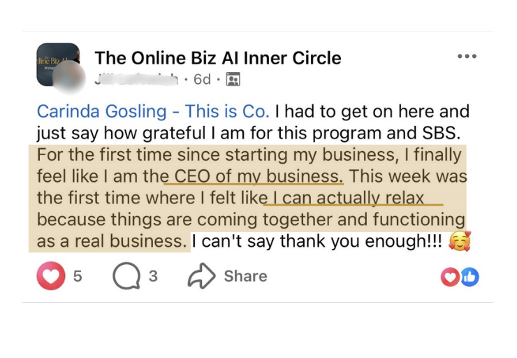 A member's post: For the first time since starting my business, I finally feel like I am the CEO of my business. This week was the first time I felt like I can actually relax because things are coming together and functioning as a real business
