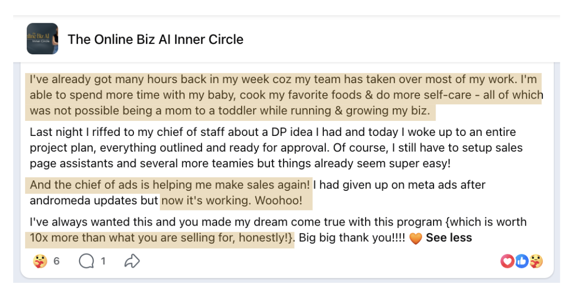 A member's post: I've already got many hours back in my week coz my team has taken over most of my work. I'm able to spend more time with my baby, cook my favorite foods and do more self-care. Last night I riffed to my chief of staff about a DP idea and today I woke up to an entire project plan, ready for approval. And the chief of ads is helping me make sales again! I had given up on meta ads but now it's working. This program is worth 10x more than what you are selling for, honestly!