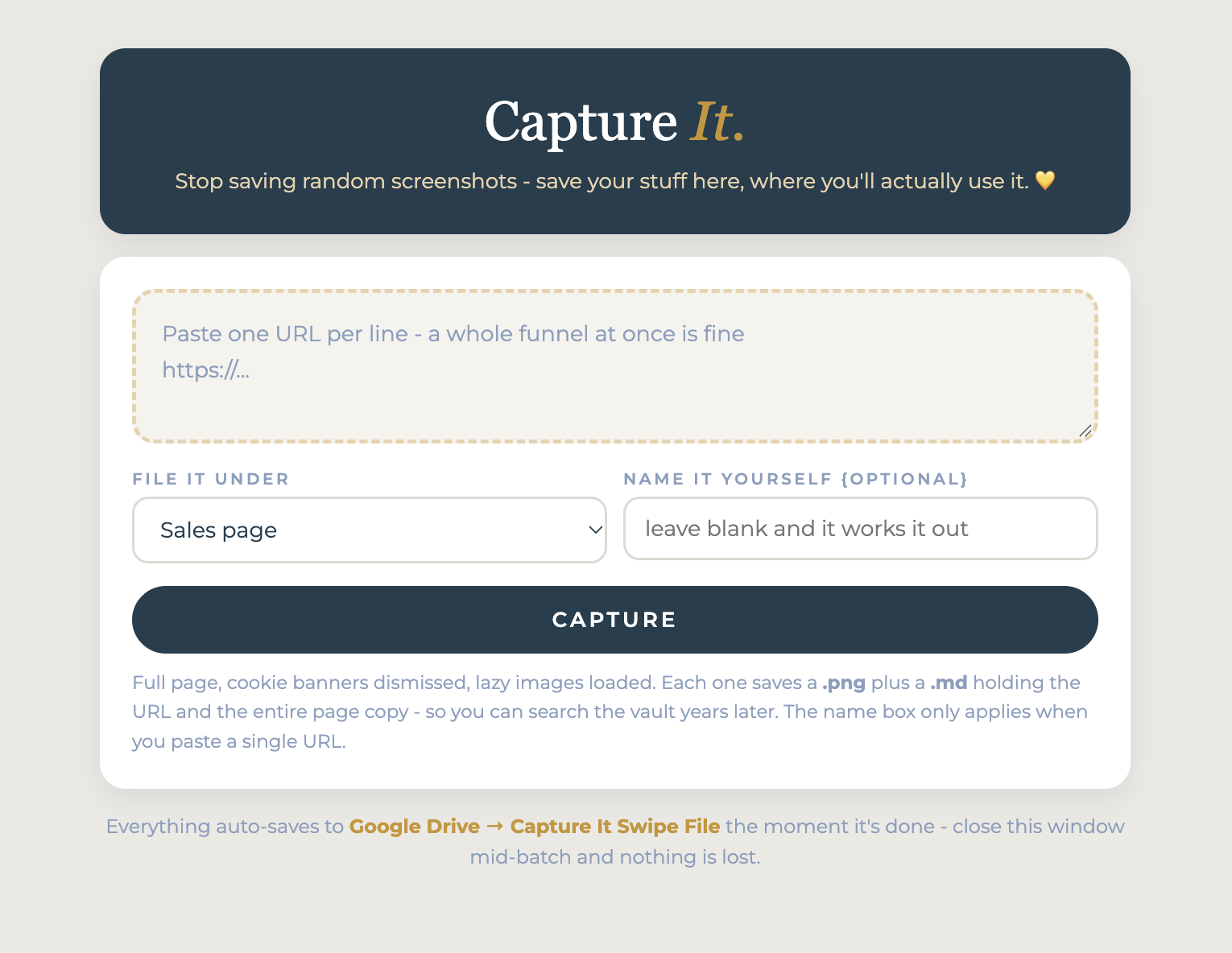 Capture It - paste a URL, file it under sales page, opt-in page or ad, and it saves the full page and its copy to your swipe file