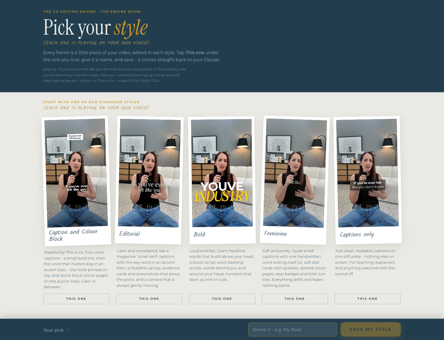 The Reels Editor styles page: five polaroids of the same clip edited in Caption and Colour Block, Editorial, Bold, Feminine and Captions only, with a This one button under each