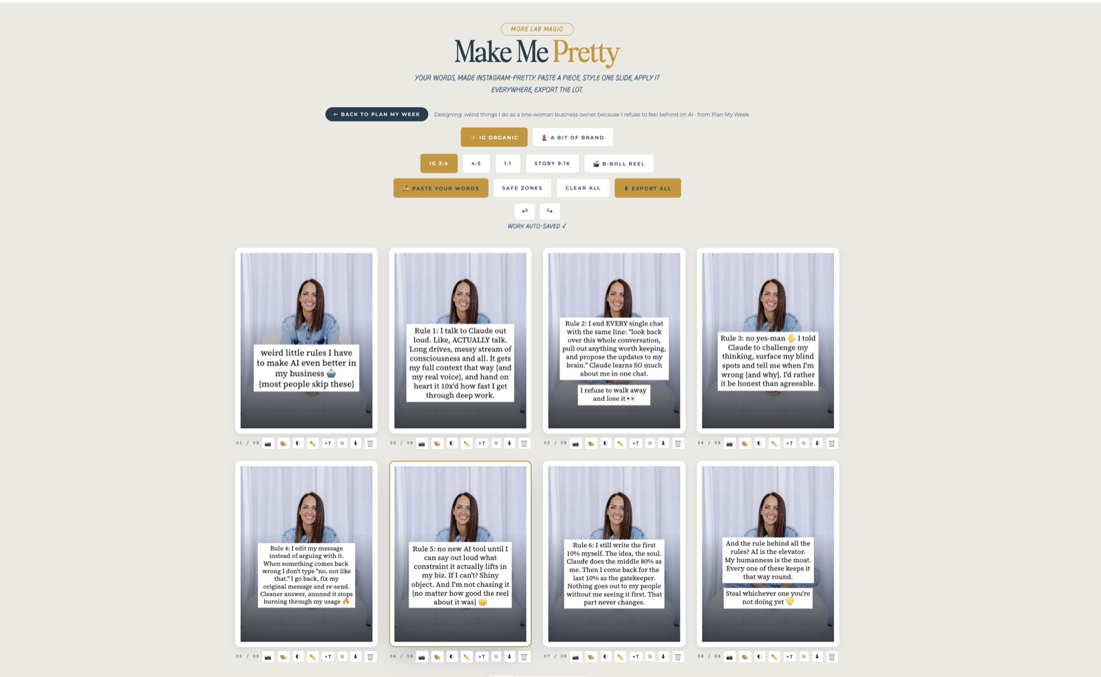 Make Me Pretty inside the Lab - a carousel designed from your words, ready to export